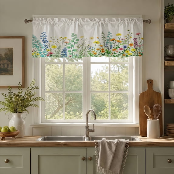 Rdsfhsp Wildflower Window Valance Curtain, Colorful Garden Flower Pattern Decorative Rod Pocket Short Curtain for Kitchen Living Room