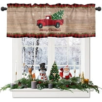 Rdsfhsp Window Valance Rod Pocket Short Curtain Panel Snowy Christmas Tree Truck and Snowflake Kitchen Valances Curtains, Vintage Wood Grain Red Plaid Window Treatments Drape 54x18 Inch