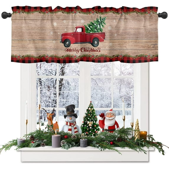 Rdsfhsp Window Valance Rod Pocket Short Curtain Panel Snowy Christmas Tree Truck and Snowflake Kitchen Valances Curtains, Vintage Wood Grain Red Plaid Window Treatments Drape 54x18 Inch