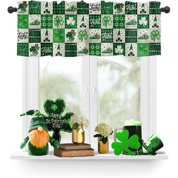 Rdsfhsp Window Valances Kitchen Rod Pocket Short Curtain Panels Retro St. Patrick's Day Gnome Shamrock Buffalo Checkered Valance Curtains for Living Room Bedroom