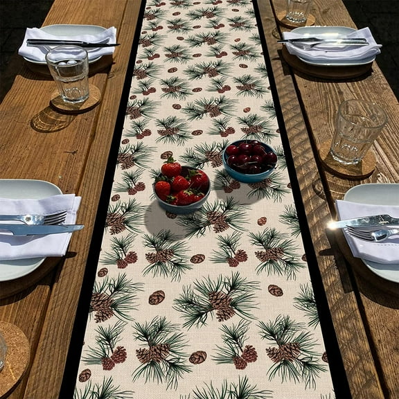 Rdsfhsp Winter Pine Cones Branches Table Runner, Pine Needles Tabletop Scarf Home Kitchen Green Black Christmas Decor, Seasonal Farmhouse Rustic Burlap Dining Decorations Party Supply 13 x 72 Inch