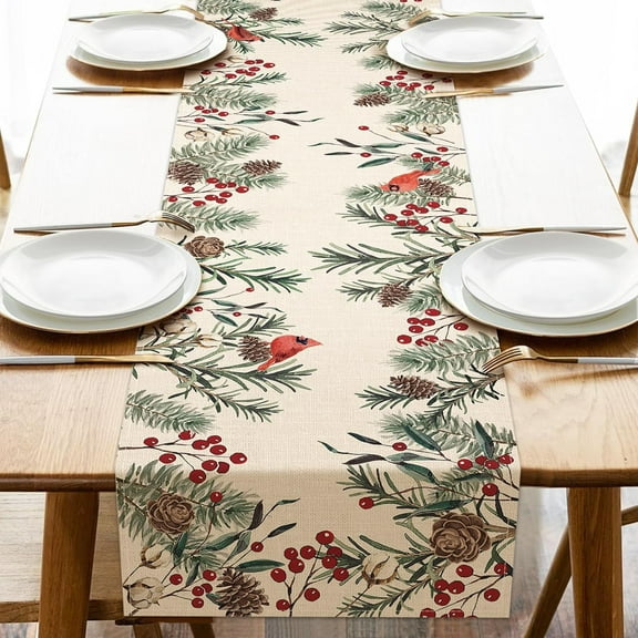 Rdsfhsp Winter Pine Needle Branches Table Runner, Pine Cone Cardinal Red Birds Berry Farmhouse Kitchen Dining Table Decor, Christmas Holiday Home Decoration Indoor Outdoor Party Supply 13 x 72 Inches