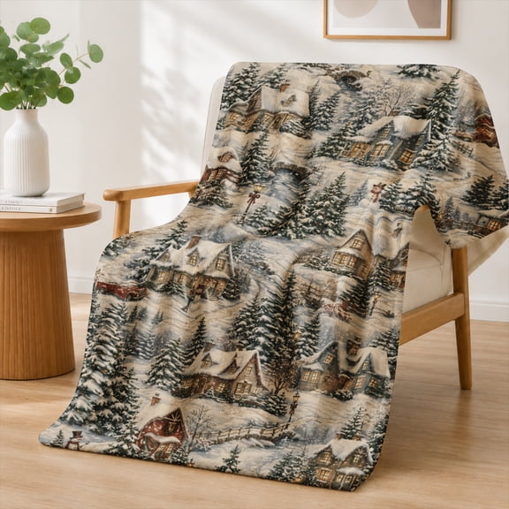 Rdsfhsp Winter Snowy Village Cabins Pines Scene Flannel Throw Blanket Soft Warm Cozy Fleece Blanket for Holiday Season Decor