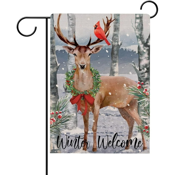 Rdsfhsp Winter Welcome Reindeer Cardinal Snow Garden Flag, Red Bird Wreath Decorative House Yard Outdoor Small Decor, Christmas Farmhouse Home Outside Decoration 12 x 18