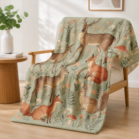Rdsfhsp Woodland Deer Fox Animals Forest Nature Scene Flannel Throw Blanket Soft Warm Cozy Fleece Blanket Living Room Couch Decor
