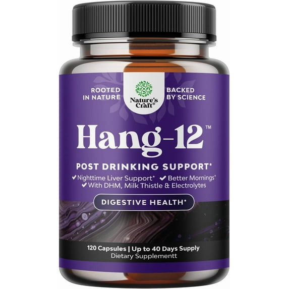Natures Craft Hang-12 DHM Liver Supplement for Rehydration and Post-Drinking Support, 120 Capsules