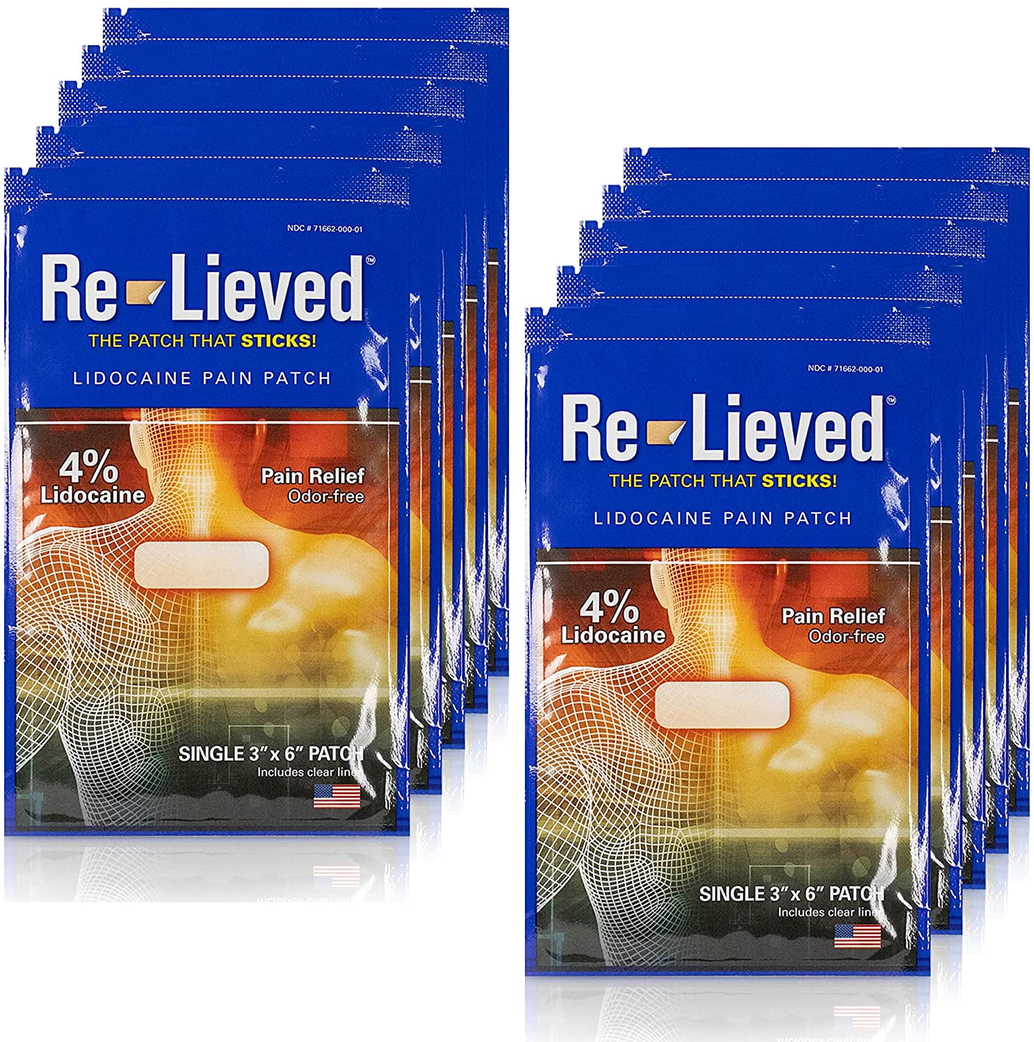 Re-Lieved 4% Lidocaine Maximum Strength Pain Relief Patches Aluminum-Free, Water Resistant and USA Made Superior Sticking Pain Patch That Quickly Relieves Back Pain and Muscle Pains 10 Pack