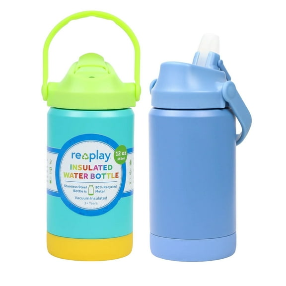 Re-Play 12 oz Water Bottle for Kids - Vacuum-Insulated Stainless Steel Tumbler with Flip-Straw, Spill and Leak-Proof Design, Dishwasher and Freezer Safe, 2 Pack Aqua and Denim