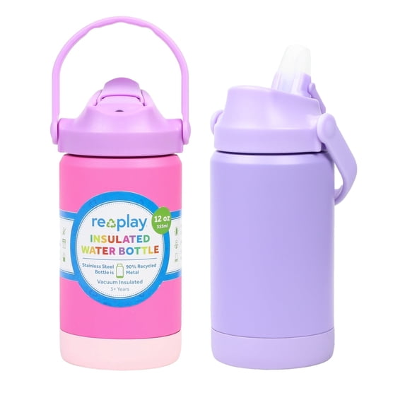 Re-Play 12 oz Water Bottle for Kids - Vacuum-Insulated Stainless Steel Tumbler with Flip-Straw, Spill and Leak-Proof Design, Dishwasher and Freezer Safe, 2 Pack Lavender and Princess Pink