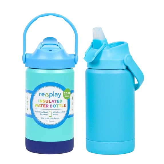 Re-Play 12 oz Water Bottle for Kids - Vacuum-Insulated Stainless Steel Tumbler with Flip-Straw, Spill and Leak-Proof Design, Dishwasher and Freezer Safe, 2 Pack Pool Blue and True Blue