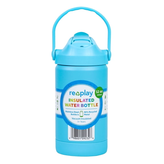 Re-Play Kids Water Bottle - 12 oz Insulated Stainless Steel Tumbler with Flip-Straw - Spill and Leak-Proof - Dishwasher, Freezer Safe - Pool Blue