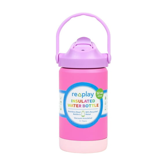 Re-Play Kids Water Bottle - 12 oz Insulated Stainless Steel Tumbler with Flip-Straw - Spill and Leak-Proof - Dishwasher, Freezer Safe - Princess