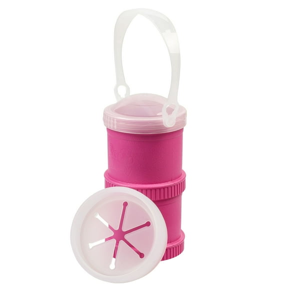 Re-Play Made in USA Snack Stack - 2 Snack Containers for Kids 6 oz each with a Travel Lid With Strap and a Snack Trap - Microwave/Dishwasher/Freezer Safe, Bright Pink