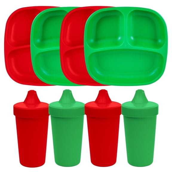 Re-Play Sippy Cups and Divided Plates Set for Toddlers - Set of 4 Spill Proof Kids Cups and 4 Sectioned Plates - Dishwasher Safe - Christmas