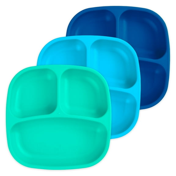 Re-Play Toddler Plates with Dividers - Deep-Walled 3 Compartments Divided Plates for Kids - Dishwasher & Microwave Safe - Made in USA - Set of 3 - Ocean Waves