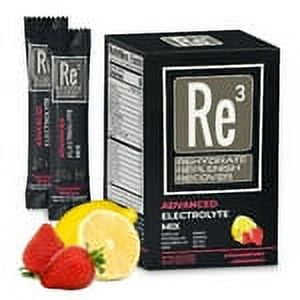 Re3 Hydrate-Replenish-Recover Electrolyte Powder Packet Drink Mix. Strawberry-Lemonade, 20 Count Box. 5g Servings Single Packets.