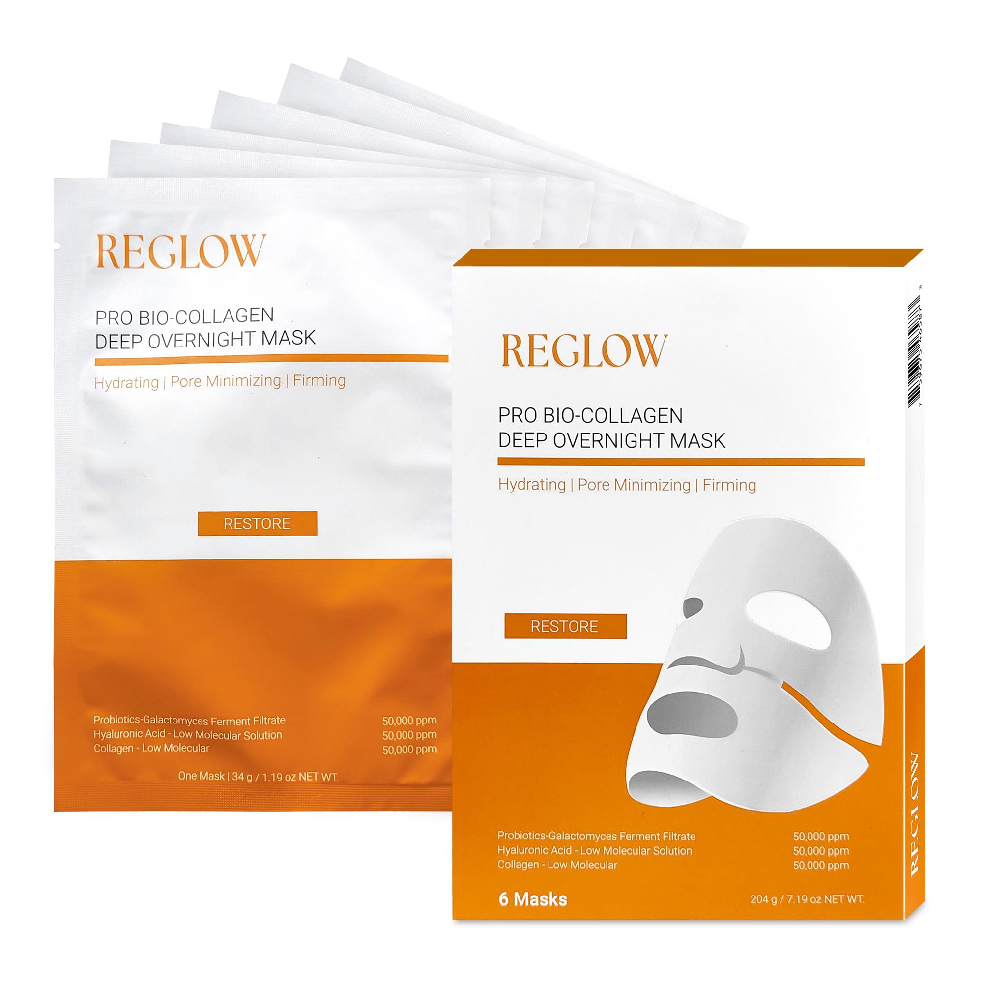 ReGlow Hydrating Overnight Hydrogel Face Mask with Collagen & Niacinamide, Sheet Mask Skincare, 34 g Each, 6 Pack