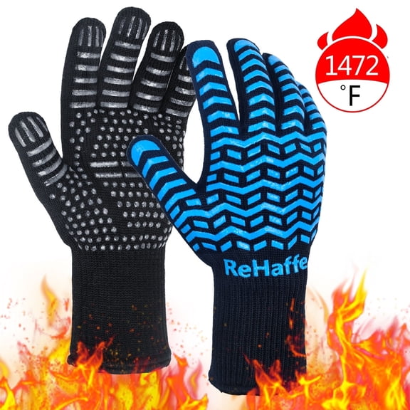 ReHaffe BBQ Grill Gloves 1472℉ Extreme Heat Resistant,Insulated Fire Proof Gloves with Anit-Slip Silicone - Extra Long Oven Mitts Cooking Gloves for Kitchen,Baking Outdoor Grilling,Barbeque,
