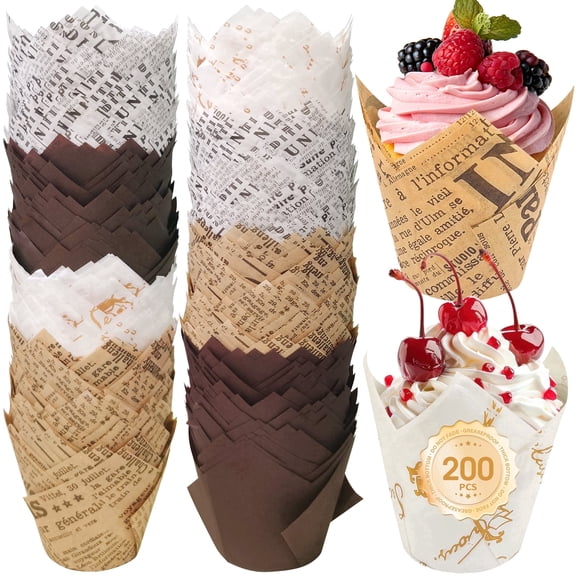 ReLuien 200PCS Tulip Cupcake Liners, Baking Paper Cups, Muffin Liners for Baking, Unbleached Parchment Paper Wrappers, Sturdy, Greaseproof