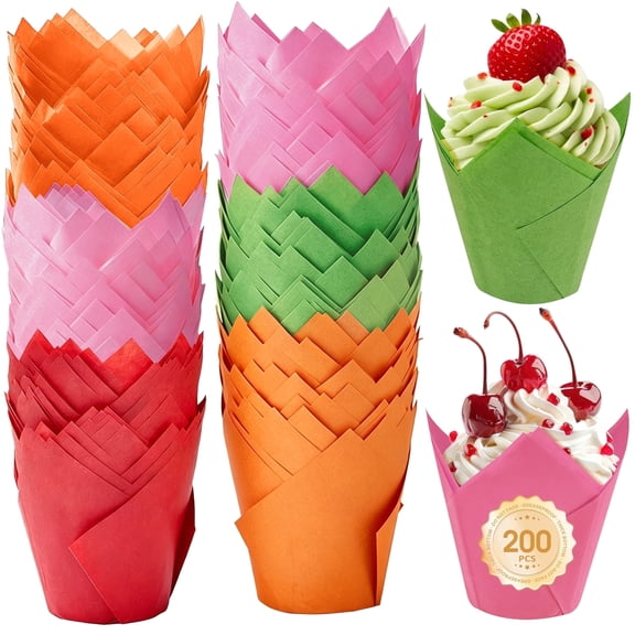 ReLuien 200PCS Tulip Cupcake Liners, Baking Paper Cups, Muffin Liners for Baking, Unbleached Parchment Paper Wrappers, Sturdy, Greaseproof