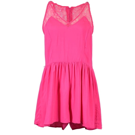 ReNamed Urban Glam Fierce Hot Pink Lace Trim V-Neck Loose Fit Woven Romper