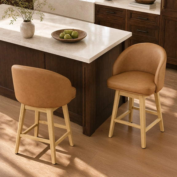 ReNest 27" Counter Height Bar Stools, Upholstered Barrel Back Barstools with Solid Wood Legs & Footrest, for Kitchen Island & Home Bar, Camel Faux Leather, Set of 2
