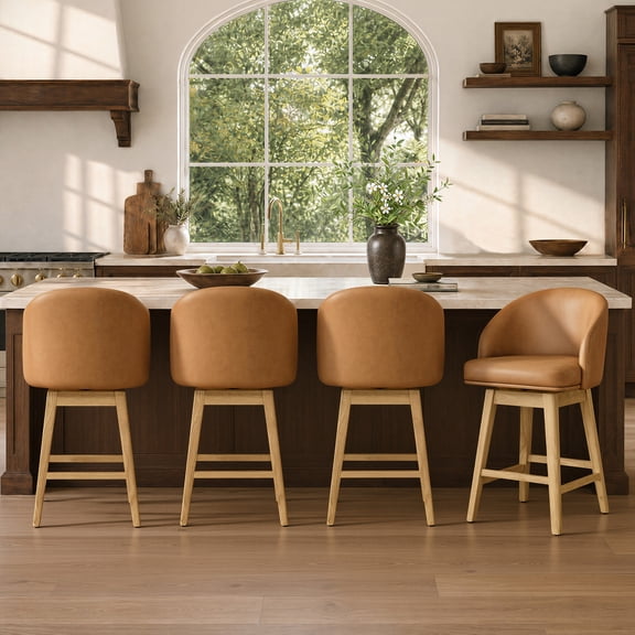 ReNest 27" Counter Height Bar Stools, Upholstered Barrel Back Barstools with Solid Wood Legs & Footrest, for Kitchen Island & Home Bar, Camel Faux Leather, Set of 4