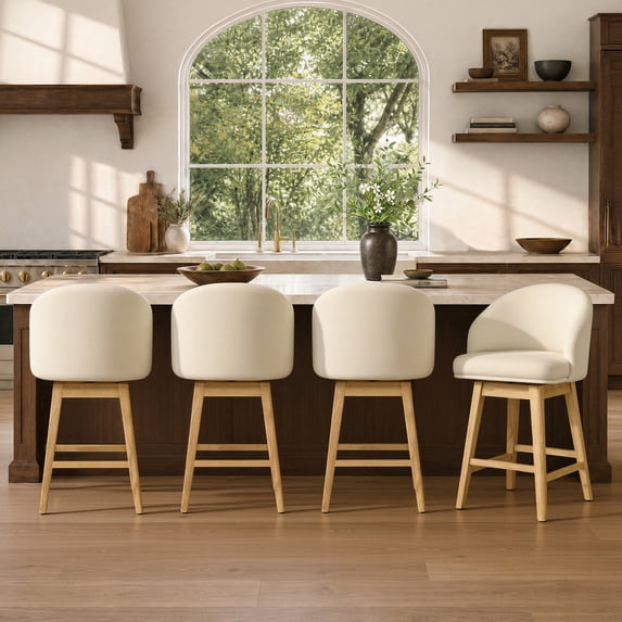 ReNest 27" Counter Height Bar Stools, Upholstered Barrel Back Barstools with Solid Wood Legs & Footrest, for Kitchen Island & Home Bar, Cream Fabric, Set of 4