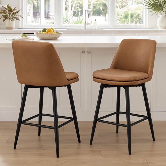 ReNest 27" Mid-Century Swivel Counter Height Bar Stools Set of 2 for Kitchen Island, Faux Leather Upholstery, Saddle Brown