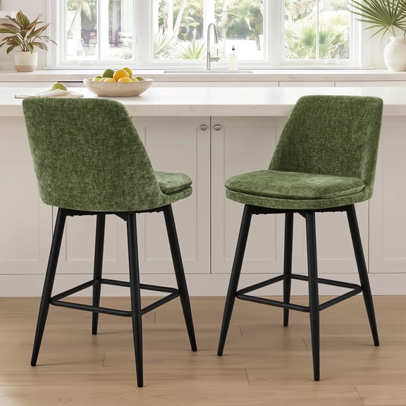 ReNest 27" Mid-Century Swivel Counter Height Bar Stools Set of 2 for Kitchen Island, Upholstered Fabric, Moss Green
