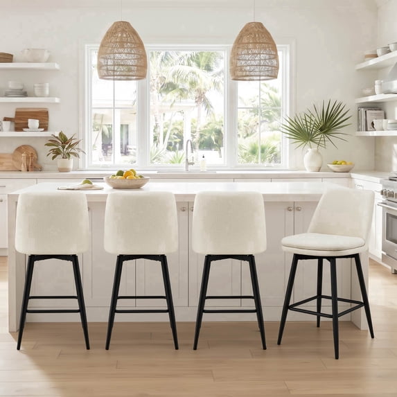 ReNest 27" Mid-Century Swivel Counter Height Bar Stools Set of 4 for Kitchen Island, Upholstered Fabric, Creamy Grey