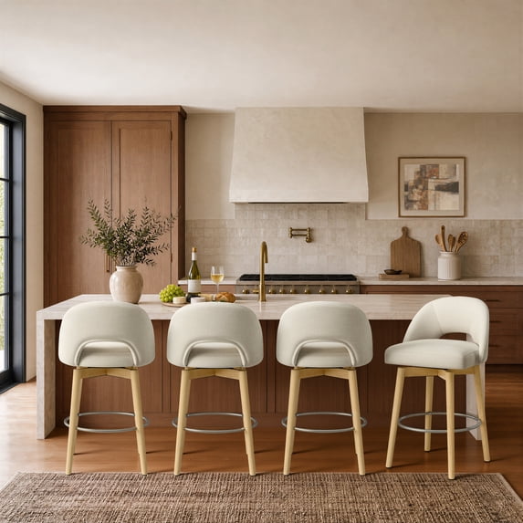 ReNest 27" Swivel Bar Stools, Upholstered Barstools with Wood Legs & Footrest, Counter Height Stools for Kitchen Island & Home Bar, Cream Fabric, Set of 4