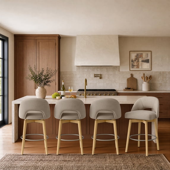 ReNest 27" Swivel Bar Stools, Upholstered Barstools with Wood Legs & Footrest, Counter Height Stools for Kitchen Island & Home Bar, Sand Fabric, Set of 4
