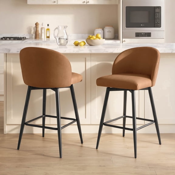 CHITA 360° Swivel Upholstered Barstools with Backs Mid-Century Design for Island Kitchen, Bar Height Bar Stool, 30" Seat Height, Faux Leather in Saddle Brown