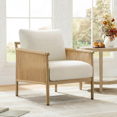 ReNest Boho Braid Accent Chair with Hand-Woven Paper Rope, Wood-Look Metal Frame, Linen Fabric,Single