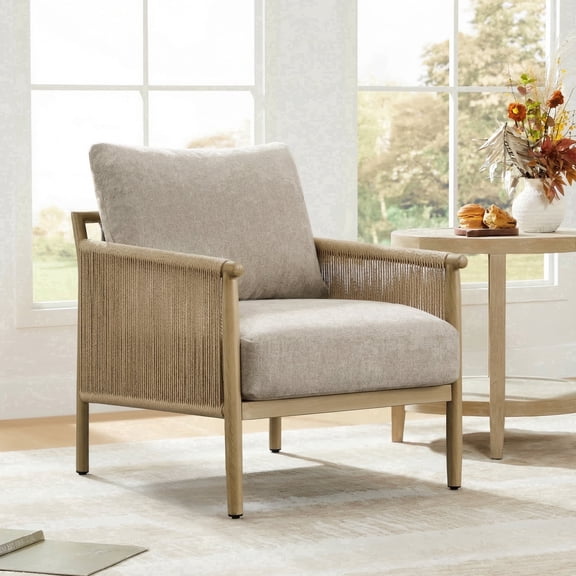 ReNest Boho Braid Accent Chair with Hand-Woven Paper Rope, Wood-Look Metal Frame, Mink Fabric,Single