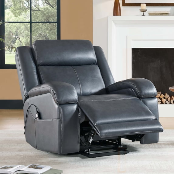 ReNest Dual Motor Power Lift Recliner with Massage and Heat, Top-Grain Leather, USB and Type-C Charging,Navy