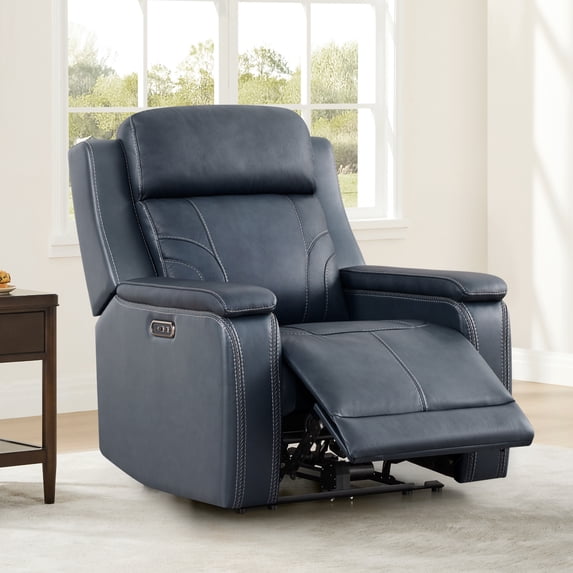 ReNest Dual Motor Power Recliner with 165° Lay-Flat, Top-Grain Leather, X-Stitch Detailing, USB and Type-C Charging,Navy