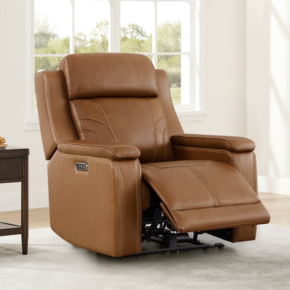 ReNest Dual Motor Power Recliner with 165° Lay-Flat, Top-Grain Leather, X-Stitch Detailing, USB and Type-C Charging,Saddle