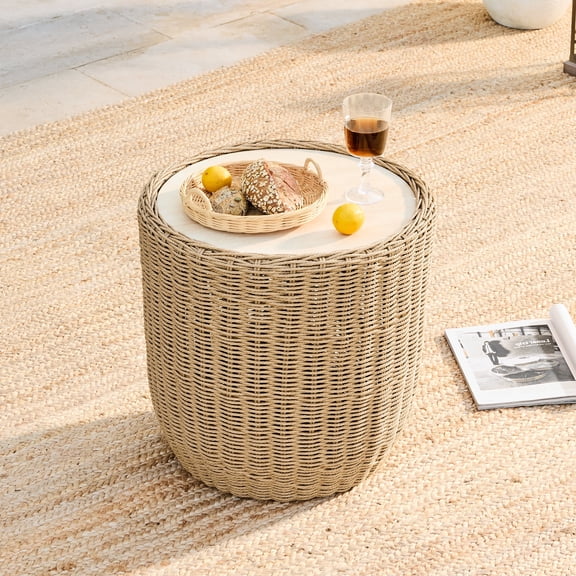 ReNest Fully Assembled Outdoor Patio Side Table, Hand-Woven Wicker End Table with Durable Cement Top & Adjustable Levelers