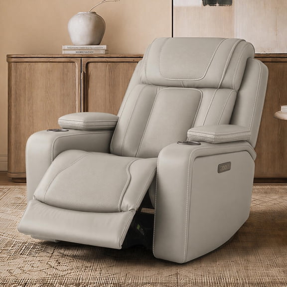 ReNest Genuine Leather Recliner with Power Headrest and Lumbar Support, Zero Gravity Recliner with Cup Holders & Storage, USB & Type-C Charging Ports, Light Gray