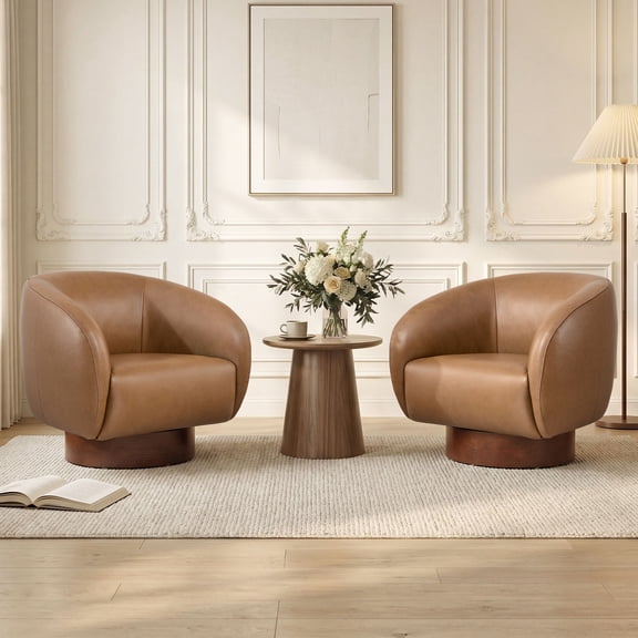 ReNest Mid-Century Modern Barrel Swivel Accent Chair with Wood Base, Genuine Leather Upholstery, Saddle, Set of 2