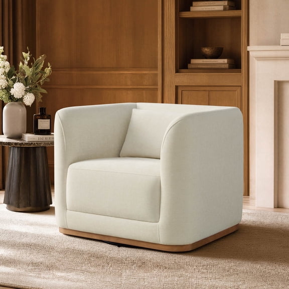 ReNest Mid-Century Modern Swivel Accent Chair, Barrel Armchair with Curved Arms, Removable Back Cushion, Living Room Chair, Cream Fabric, Single