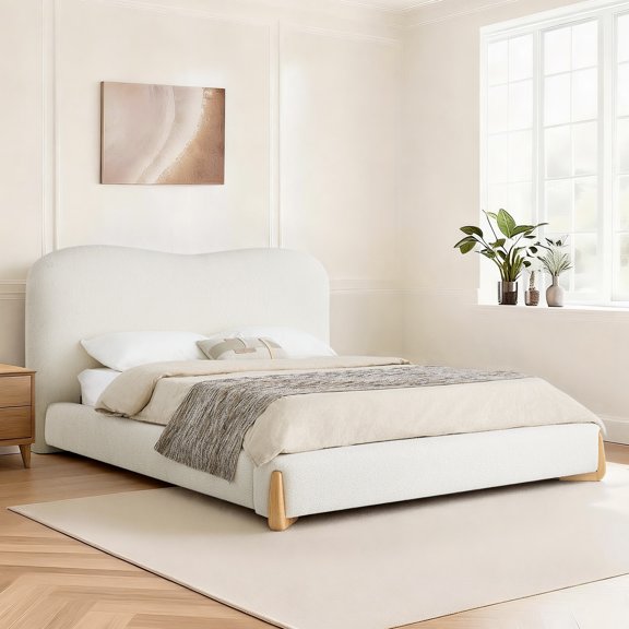 ReNest Modern Arch Upholstered Queen Bed with Waterproof Boucle Fabric, Solid Rubberwood Legs, Cream