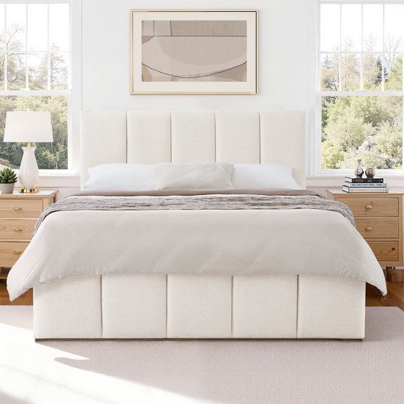 ReNest Modern Channel Quilted Upholstered Queen Bed with Waterproof Fabric, Natural Wood Accents, Cream