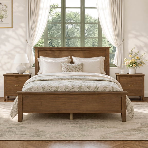 ReNest Modern Farmhouse Bedroom Furniture Set, Queen Size Platform Bed with 2 Nightstands, Walnut