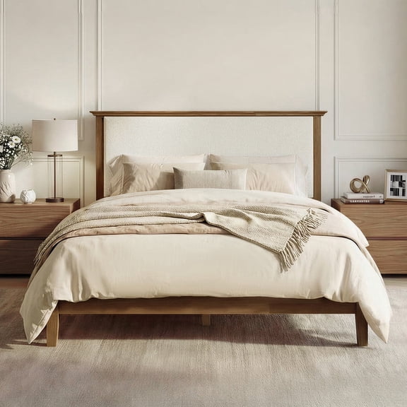 ReNest Modern Farmhouse Upholstered Queen Bed with Boucle Fabric, Solid Rubberwood Frame, Walnut Legs, Saddle