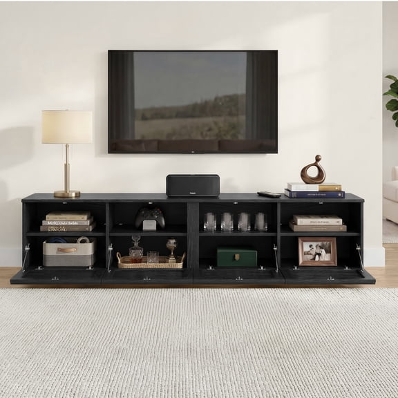 ReNest Modern LED TV Stand with Storage, 4 Doors, Low Profile Entertainment Center, Media Console with Fluted Design for TVs up to 75 Inch, Black