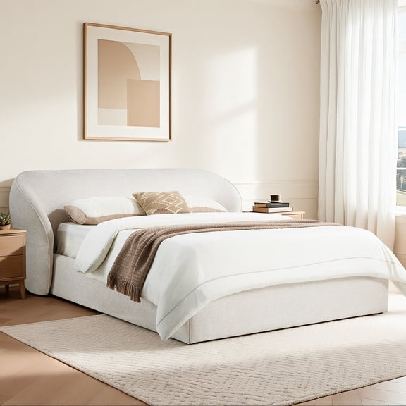 ReNest Modern Rounded Waterproof Chenille Upholstered King Bed with Solid Rubberwood Legs, Cream