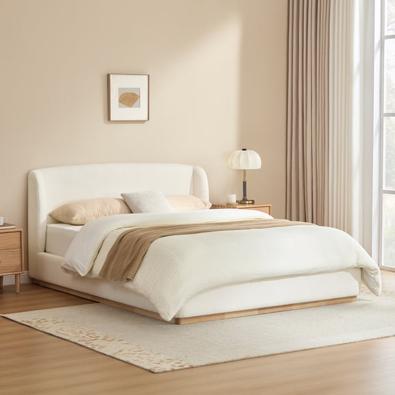 ReNest Modern Wingback Upholstered Queen Bed with Boucle Fabric, Solid Rubberwood Base, Cream